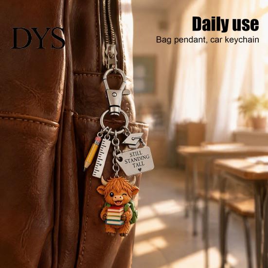 Students Backpack Charm Holding Book Highland Cow Keychain, Cattle Keyring Pendant, Handbags Keychain Decorative Charm, Back to School Gift