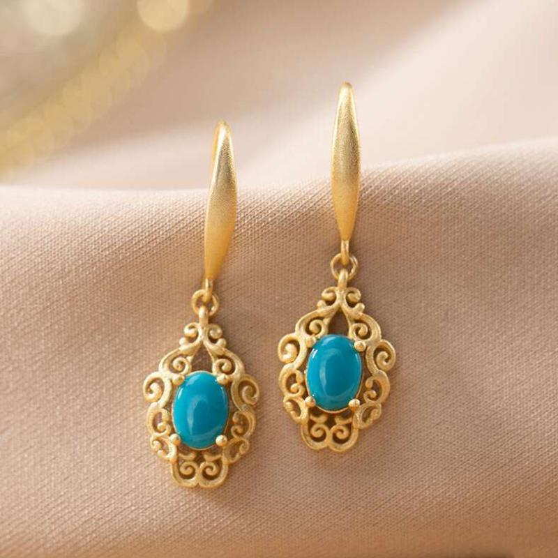 Classic Pastoral Style Cut-Out Pattern Exquisite Oval Turquoise Earings For Women Engagement Jewelry Cheongsam Accessories