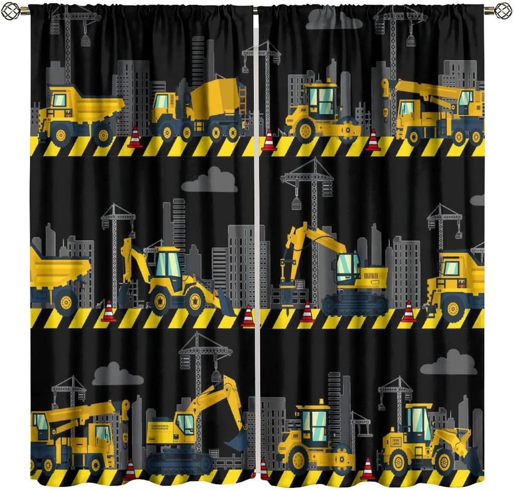 Dinosaur Construction Curtains For Boys,Cartoon Forest Architectural Site Dinosaur Excavator Tractor Truck Window Drapes Print