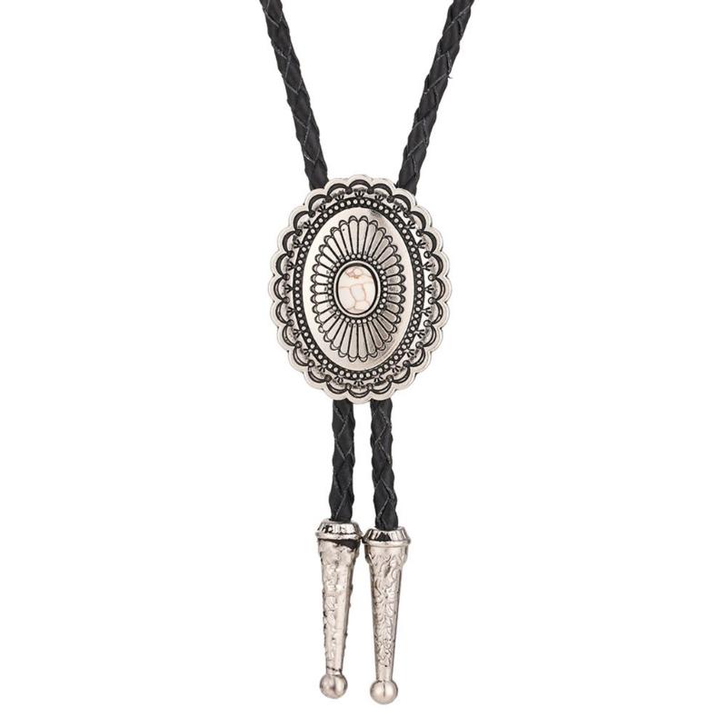 Mens Bolo Tie Necktie Vintage Leather Braided Rope Necklace with Metal Wolf Head Stone Pendant Jewelry Cowboy Necktie