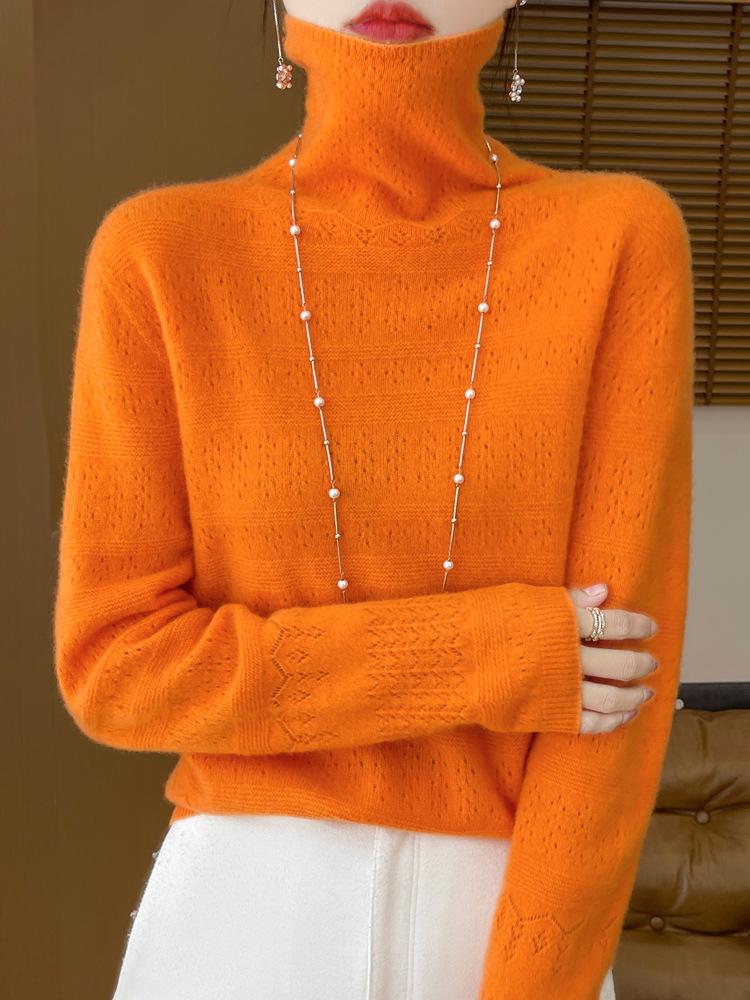 Women's Pure Wool Mock Neck Sweater - Seamless Hollow Knitwear for Autumn/Winter