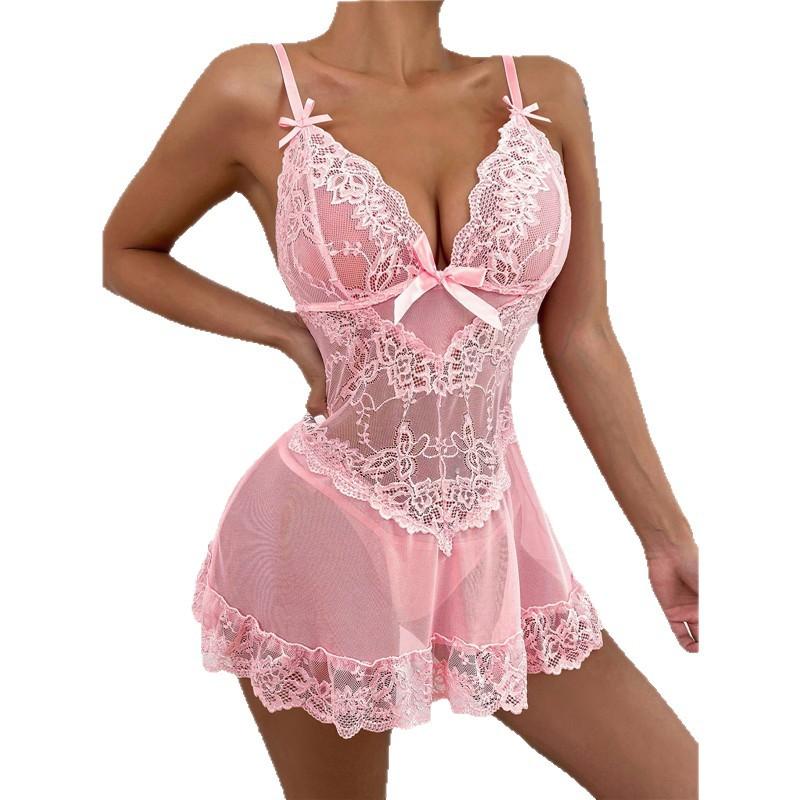 Erotic lingerie plus size women's see-through sexy slip dress mesh lace sex fun pajamas home set