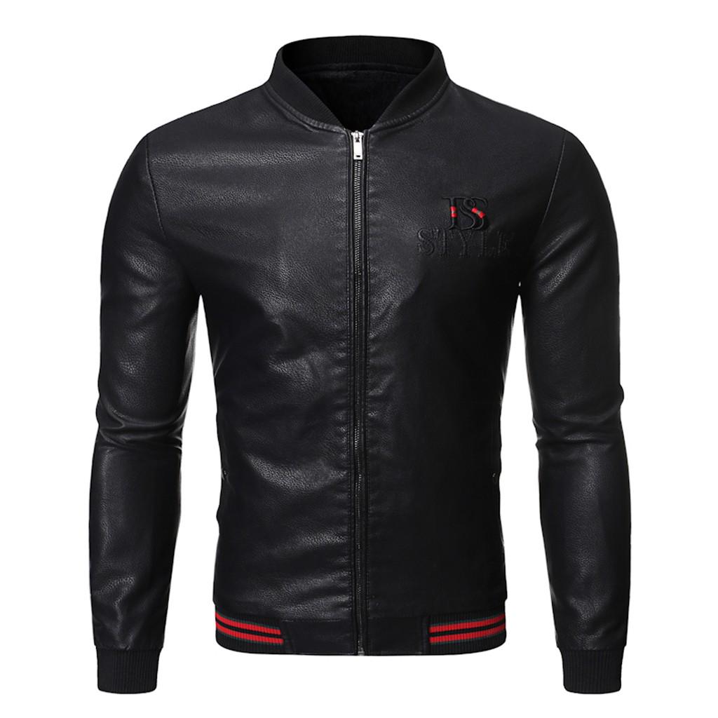 Jackets for Men.Mens Autumn Winter Casual Long Sleeve Solid Stand Zipper Leather Jacket Top