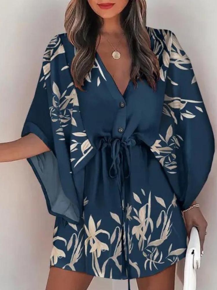 Dámské letní mini šaty volného střihu s výstřihem do V, šněrováním, netopýřími rukávy a potiskem, plážové párty knoflíkové šaty