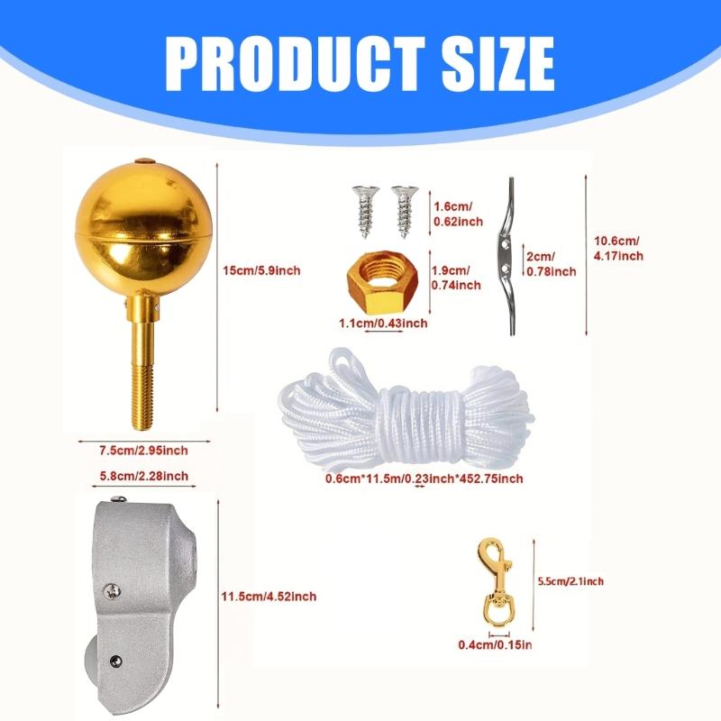 Complete Weatherproof Flagpole Pulley Maintenance System Accessories Set For 2-2.6inch Poles 50ft Cord Metal Fasteners