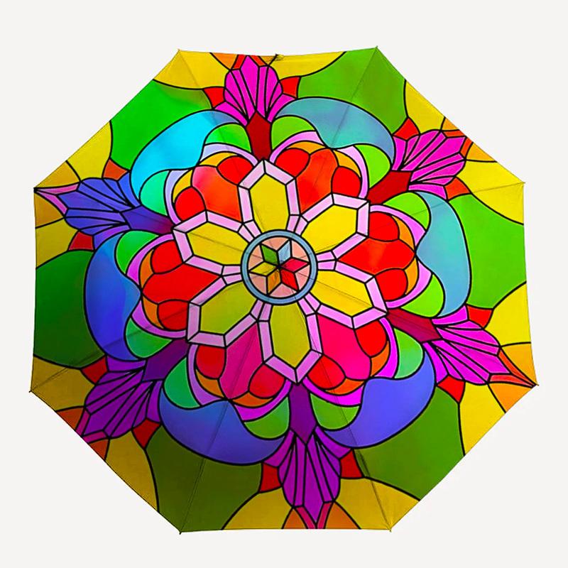 1pc Colorful Mandala Pattern Automatic Folding Umbrella - Portable 3-Fold Design, 8-Bone Iron Frame Outdoor Umbrella, Ideal Gift for Fans, Travelers,