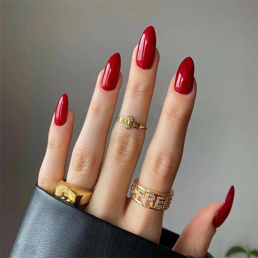 24 Pcs Medium Long Solid Almond Press On Nails Full Coverage Removable Fake Nails Art Wearable False Nail Set