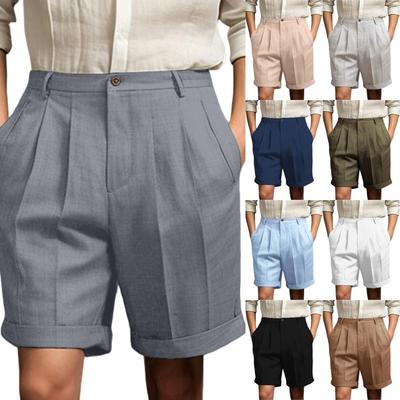 Herren Leinen Shorts mit Faltenfront und Umschlagsaum Klassische Passform Bund und Seitentaschen