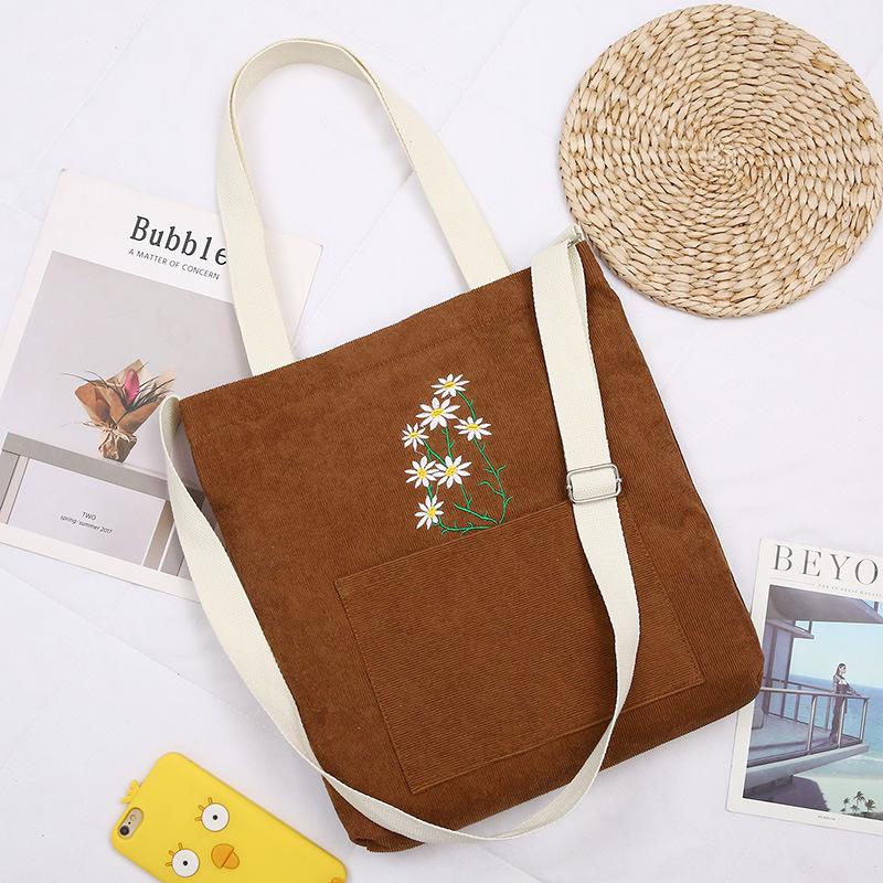 Little daisy corduroy women's shoulder canvas bag, art student make-up bag, leisure college wind crossbody shopping bag