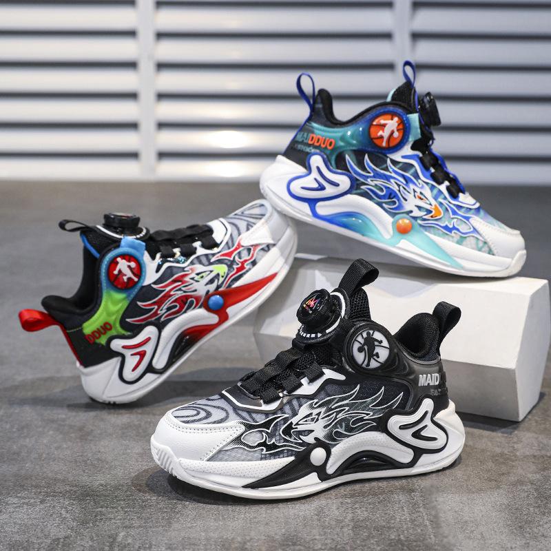 Children's basketball shoes boys' shoes summer 2025 new student sports shoes running rotating button mesh breathable