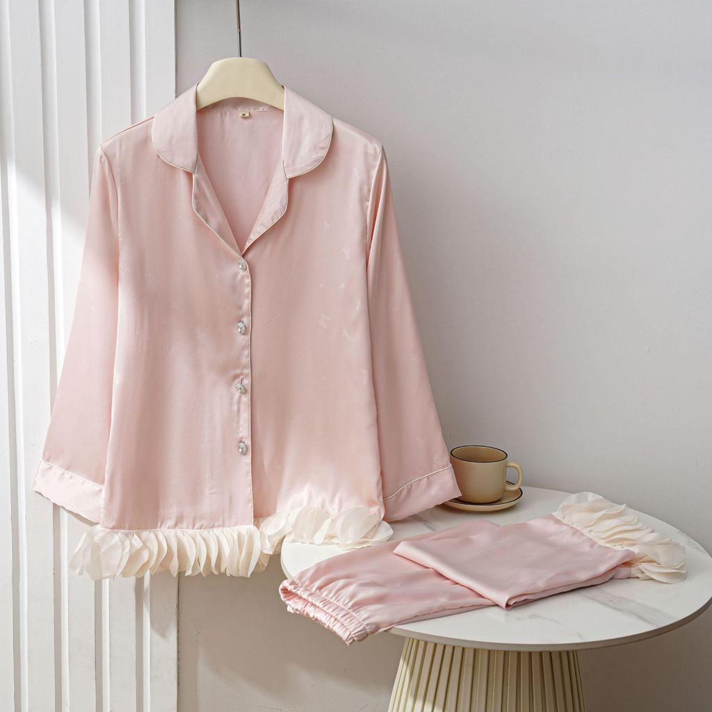 Set de pijama de vară pentru femei din mătase de gheață, maiou cu plăcuțe pentru piept - Set de 4 piese cu mânecă lungă pentru acasă