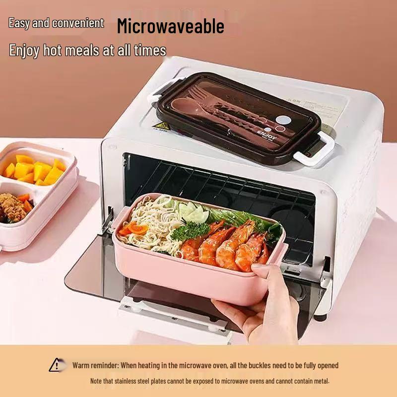Rectangular Double-Layer Microwaveable Plastic Bento Lunch Box with Cutlery