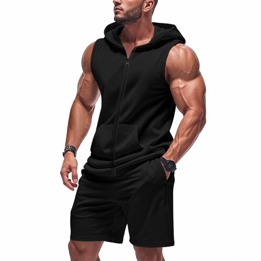 Men's Hooded Sleeveless Jacket With Pockets Casual Sports Shorts Set