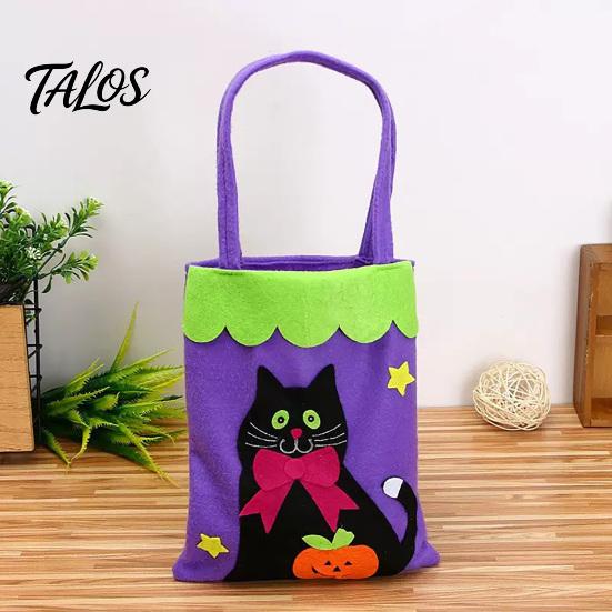 Decorative Halloween Accessory Candy Bags, Non-Woven Trick or Treat Tote Bags with Handles, Bulk Party Supplies Packaging Cute Black Cat Pumpkin Print