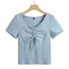 Women's Summer V-neck Drawstring Design Short-sleeved T-shirt Solid Color High Waist Small Shirt