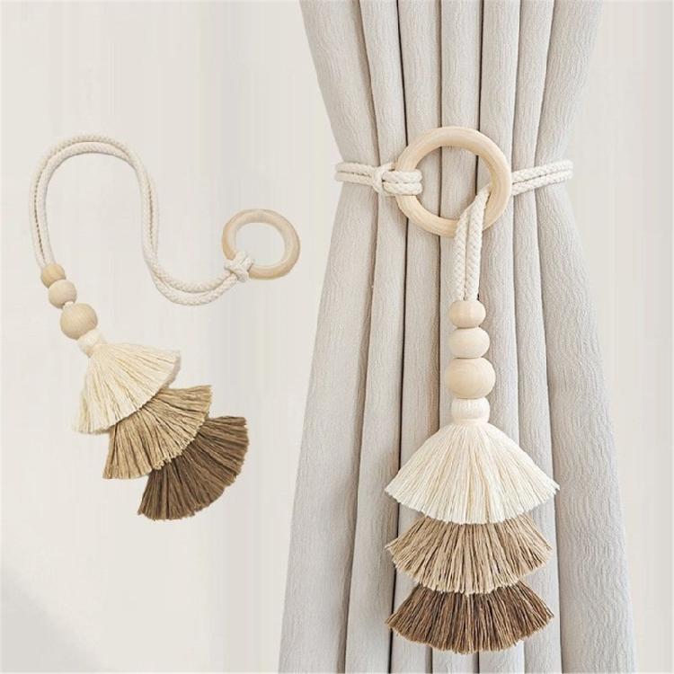 2 Pack Cotton Rope Curtain Holdbacks Ties Decorative Drapery Clip With Fringe and Wooden Beads for Living Room Decors