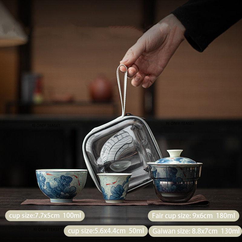 

Chinese Travel Portable Ceramic Tea Set Handmade Fish Pattern Gaiwan Teacup Glass Fair Cup Household Teaware with Storage Bag