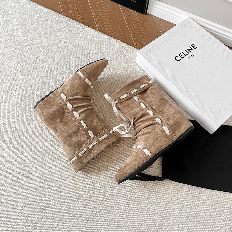 Cowhide~ Autumn and Winter New Niche Design Stacking Ankle Boots Women's Pointed Short Boots Fashion Versatile Straps Stacking Boots