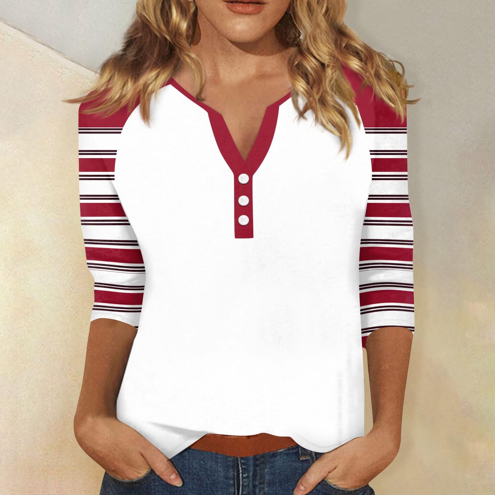

Женский модный однотонный полосатый топ с v-образным вырезом и рукавами реглан на пуговицах и рукавами 3/4 XXL красный