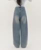Jinmania Inverted Pintuck Balloon Fit Wide Denim Pants Unisex (Light Wash)