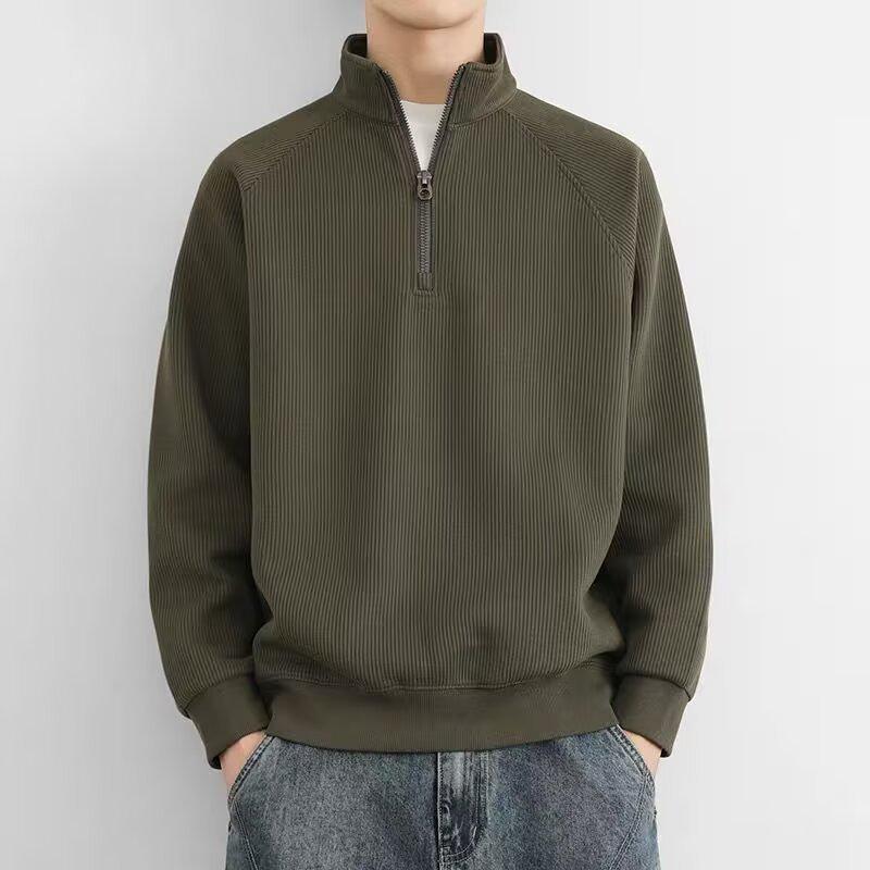 Men's American Style Half-Zip Stand Collar Knit Sweatshirt - Solid Color Casual Jacket for Spring and Autumn