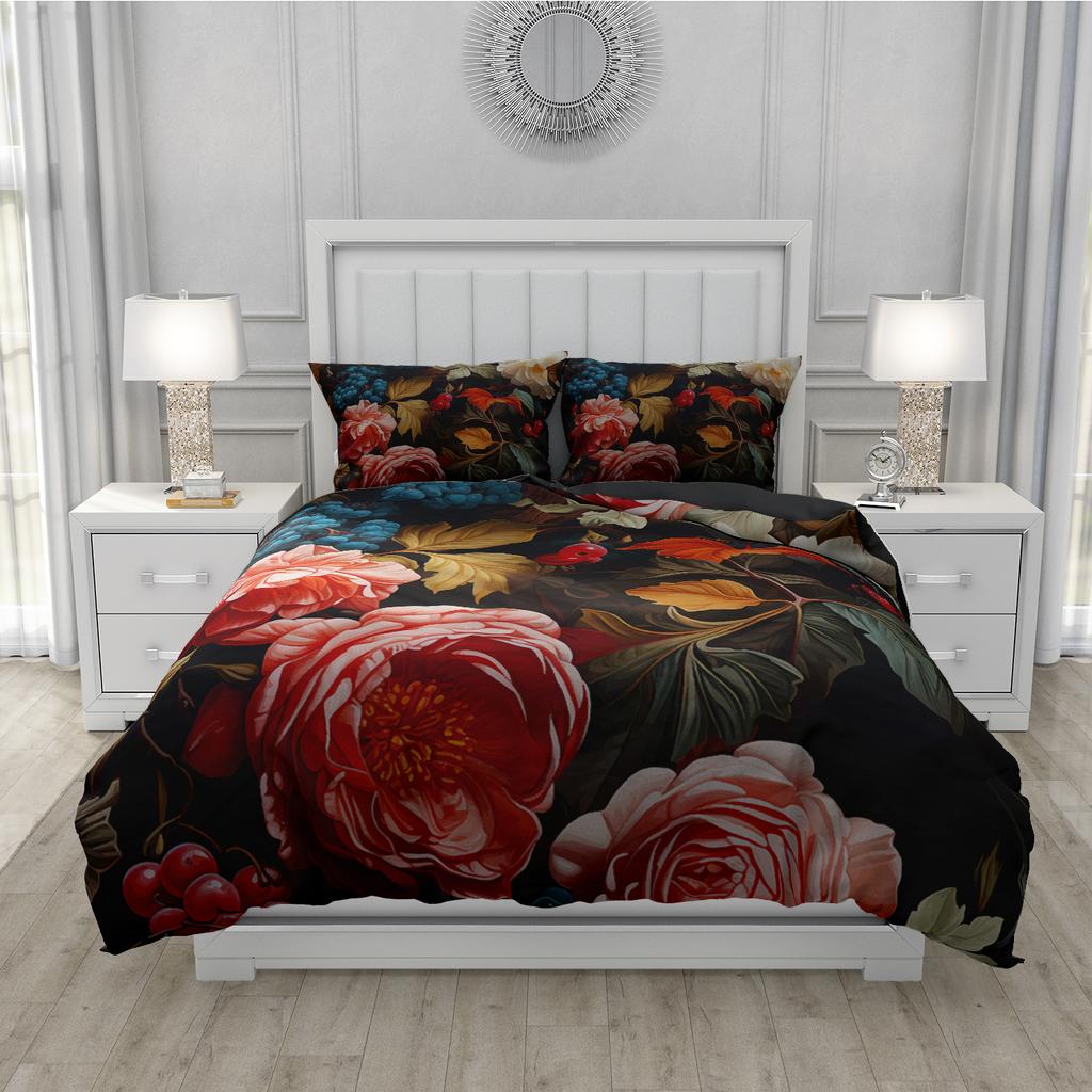 Vintage Rose Bedding Set Red Flower Duvet Cover Set Queen/King Size 240x220cm 260x220, Microfiber Fabric Bed Linen - Breathable