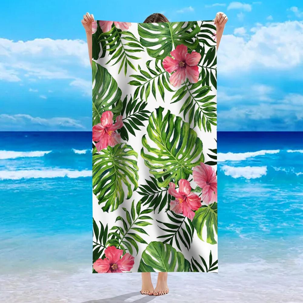 Summer Tropical Palm Leaves Hibiscus Beach Towel Green Monstera Leaf Floral Print Soft Absorbent Quick Dry Beach Blanket