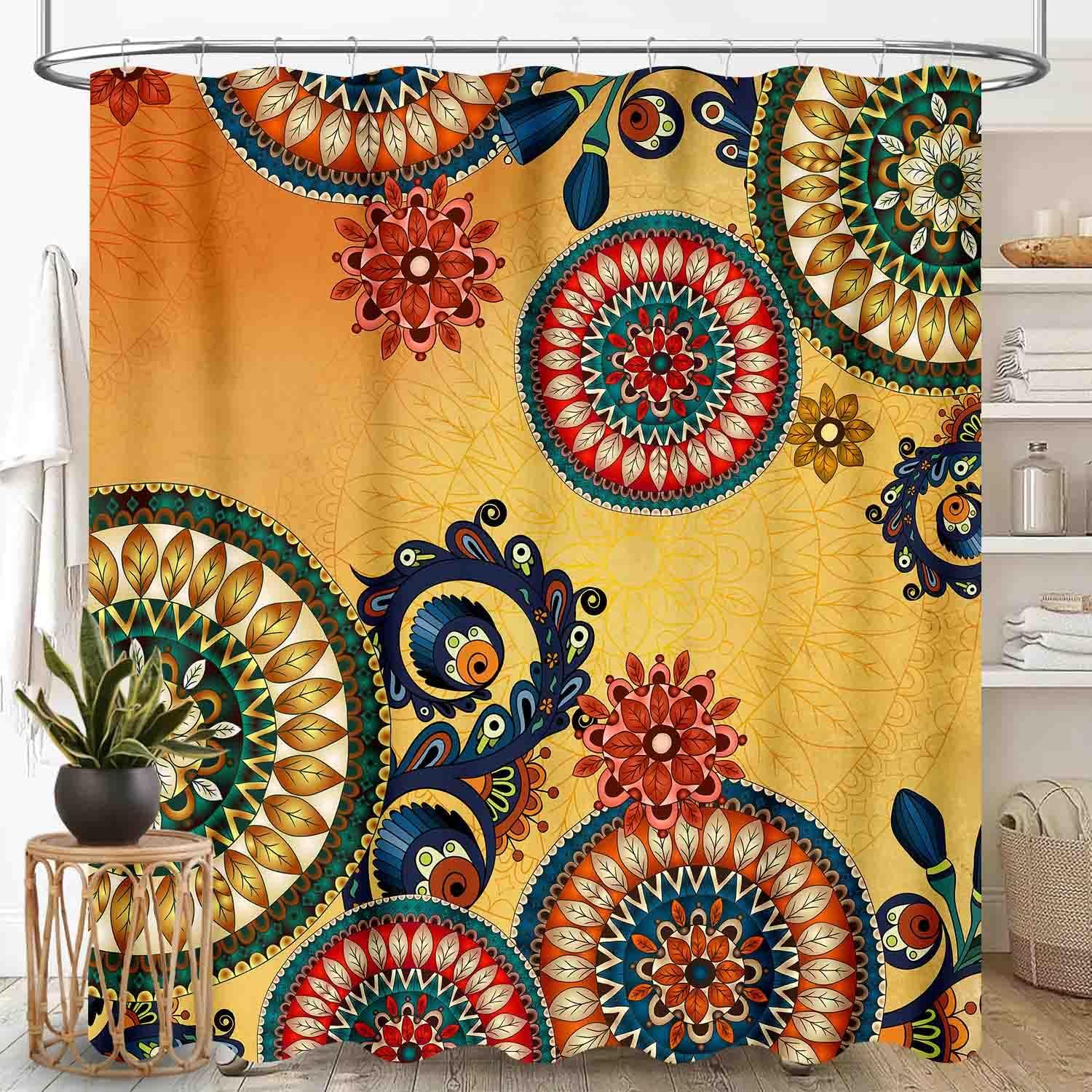 Afrikaans Modderdoek Douchegordijn, Boheems Modern Abstract Geometrisch Print Tribaal Afrika Etnisch Patroon Boho Bruin Waterdicht 90x180cm