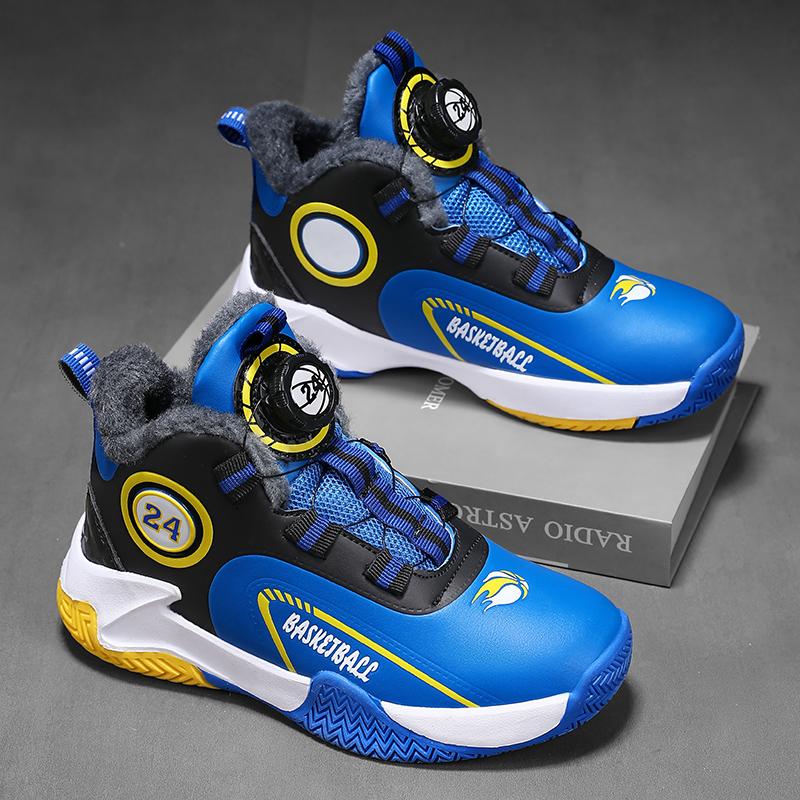 Autumn/Winter Warm Boys' Leather Rotating Buckle Basketball Shoes with Velvet, Children's Sports Professional Basketball Shoes