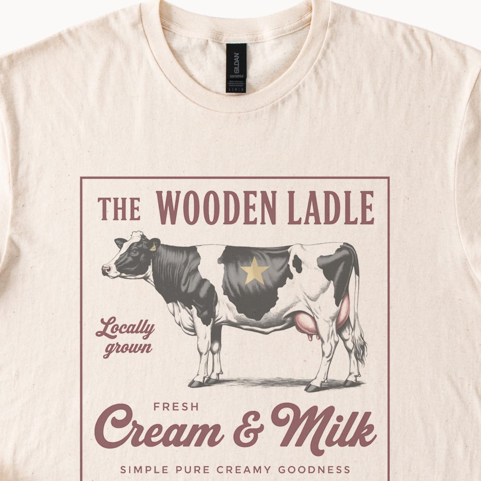 Cream and Milk Cow Graphic Shirt Fresh Dairy Farm Inspired Tee Locally Grown Retro Style Cotton T Shirt Natural Color Graphic Tee 140