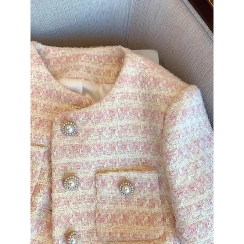 Spring Autumn Elegant Loose-Fit Tweed Style Jacket Women's Pearl Button Cardigan Fashionable Cropped
