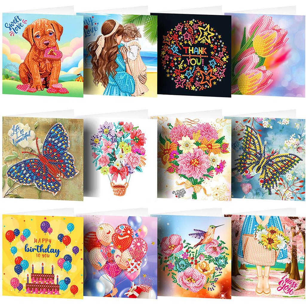 12PCS DIY Diamond Art Greeting Cards Festival Pattern Diamond Art Handmade Cards for Birthdays Thanksgiving & Special Occasion