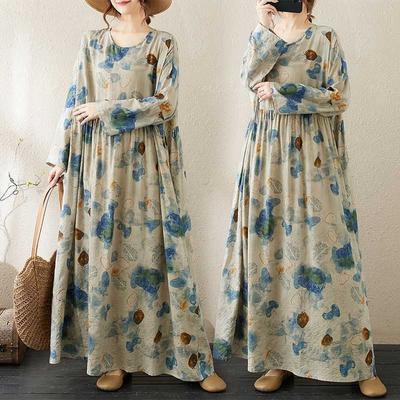 New Round Neck Long-sleeved Loose Literary Vacation Style Plus Size Dresses