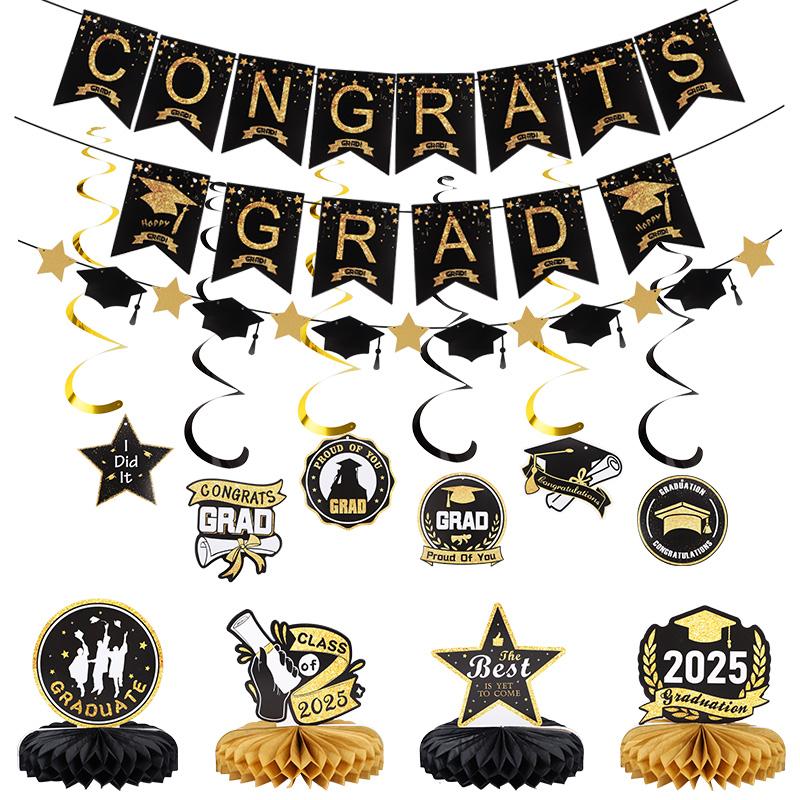 2026 Graduation Party Paper Banner Garland Hanging Spirals Gold Black Latex Balloon Class of 2026 Honeycomb Ornament Decoration
