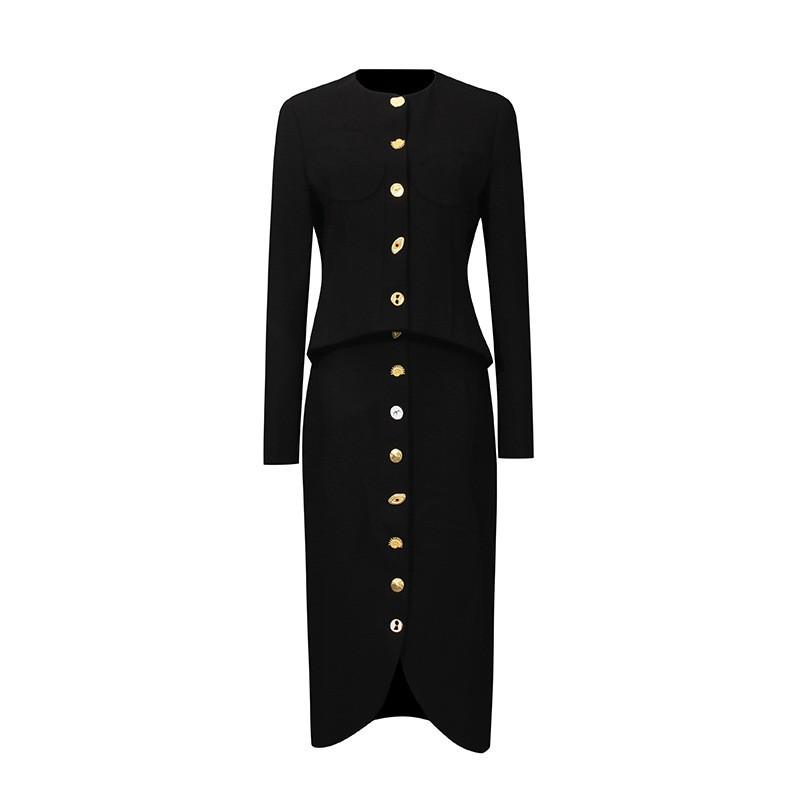 

Elegant Light Luxurious Two-piece Round Neck Long-sleeved Waist Top Skirt Suit Women M чорний