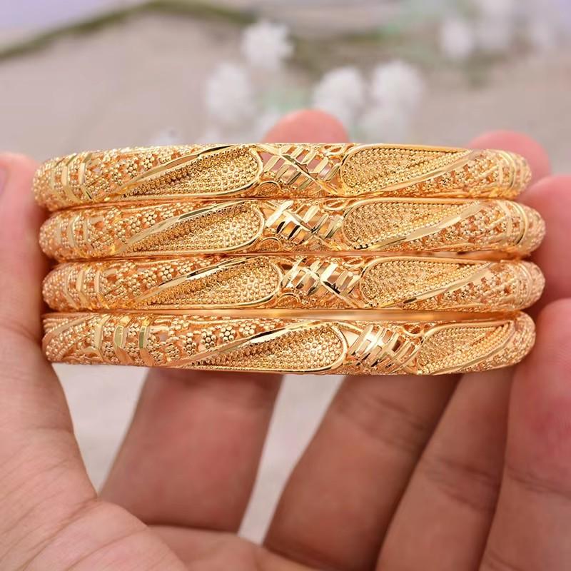 African Gold Color Shiny Bangles for Women Girls Dubai Circle  Bride Wedding Bracelet Ethiopian Jewelry