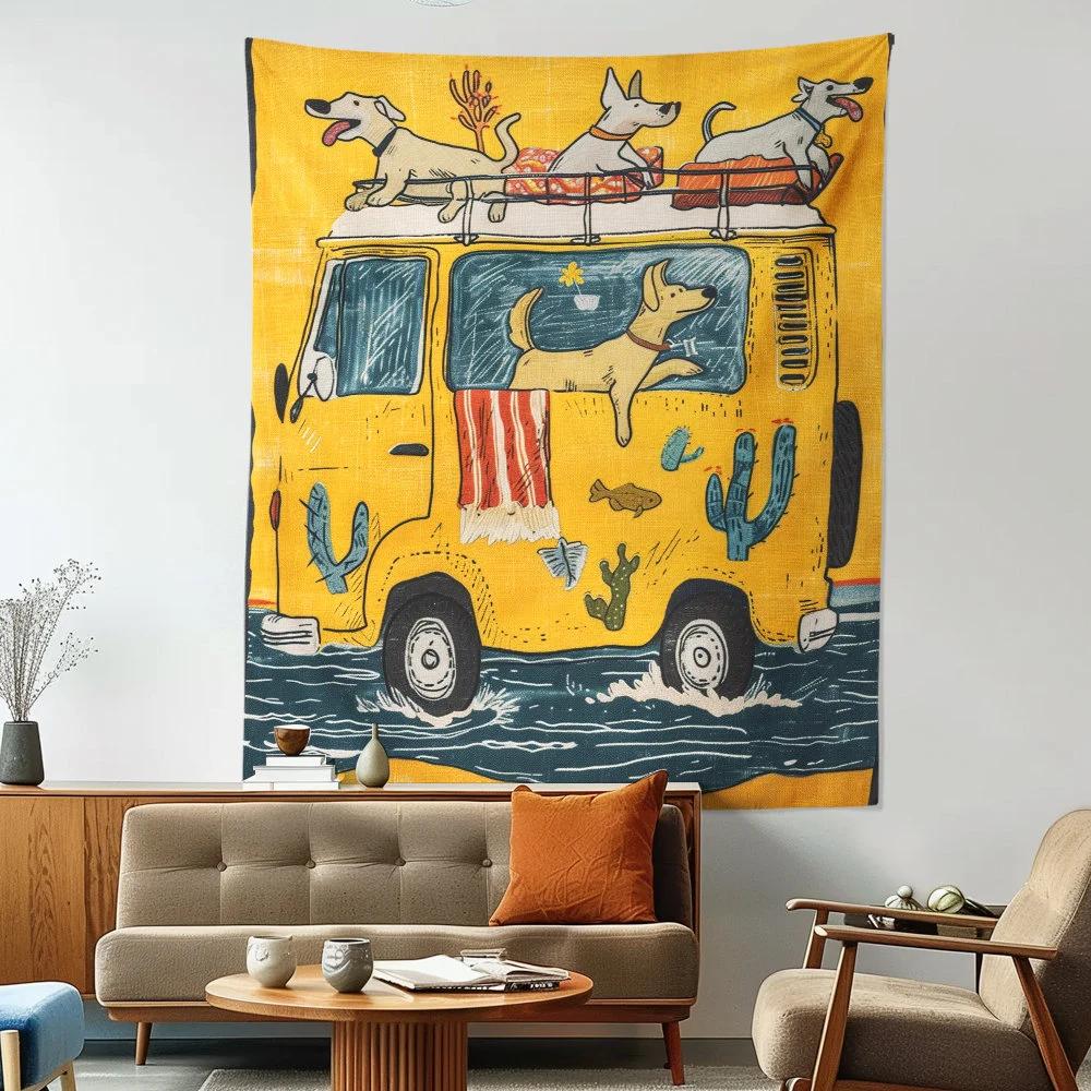 Cartoon Animal Yellow Tapestry Kids Tapestry Dog Car Tapestry Funny Tapestry Wall Hanging Kids Bedroom Decor Home Decor Gift