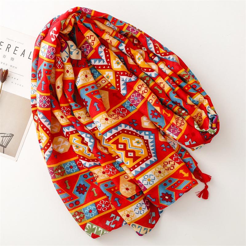 Yitao Bohemian Red Vintage Ethnic Travel Shawl - Silk-Like Cotton Linen Sunscreen Scarf for Women