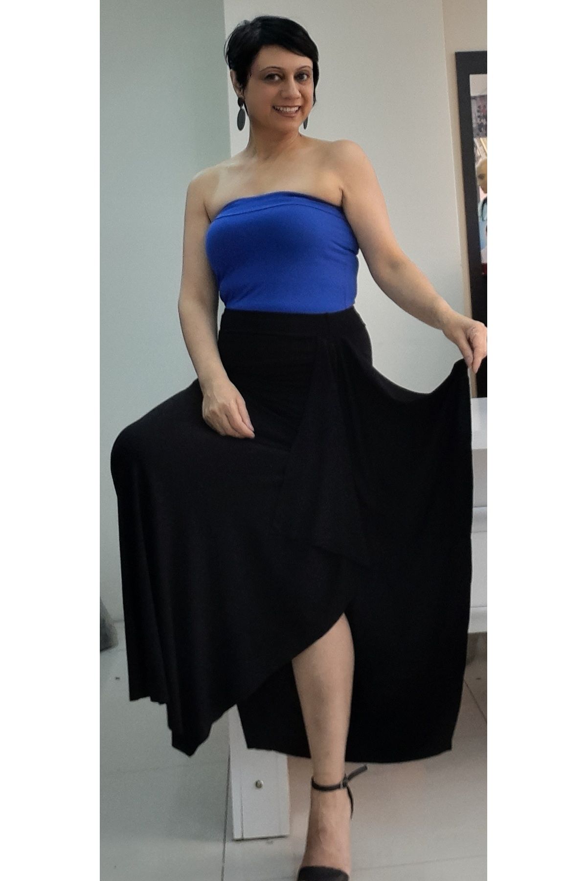 

Women s Style Big Size Skirt Black Combed Cotton Viscose Handkerchief Skirt With Side Slits And Elastic Waist M