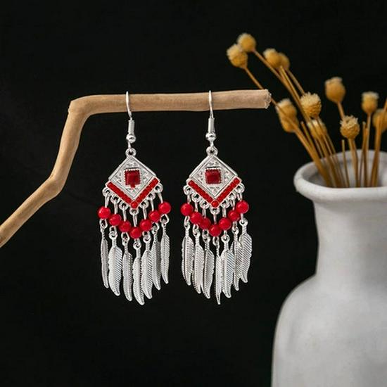 Peacock Tassel Earrings with Hollow Leaf Design in Retro Ethnic Style Imitation Silver for Women