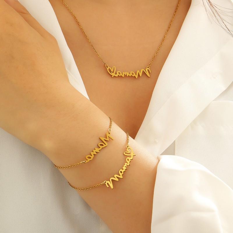 Stainless Steel MAMA Letter Pendant Necklace Bracelet Set Women Minimalist Elegant Mothers Day Gift