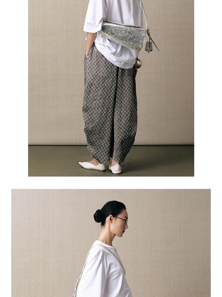 Retro Linen Plaid Pleated Casual Pants