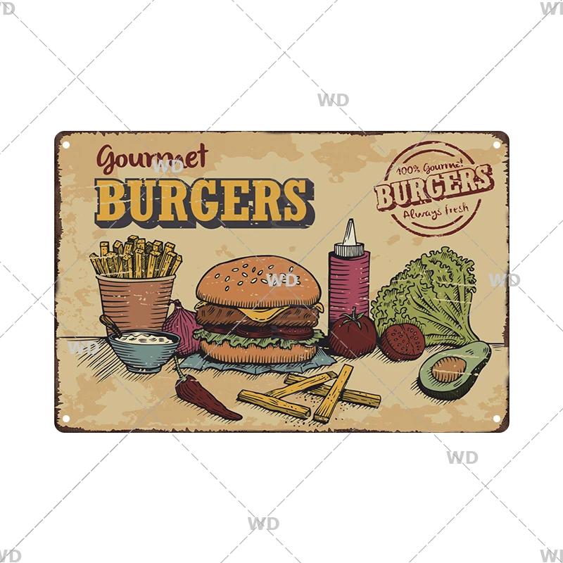 Panneau en étain pour hamburgers, frites, HotDogs, FastFood, Plaque métallique rétro Vintage, affiche en métal, Pizza BBQ pour décoration murale de cuisine