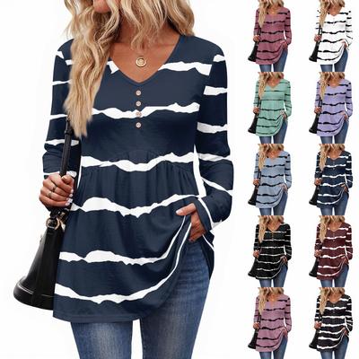 Women's Casual Fashion V-Neck Button Striped Long Sleeve Top