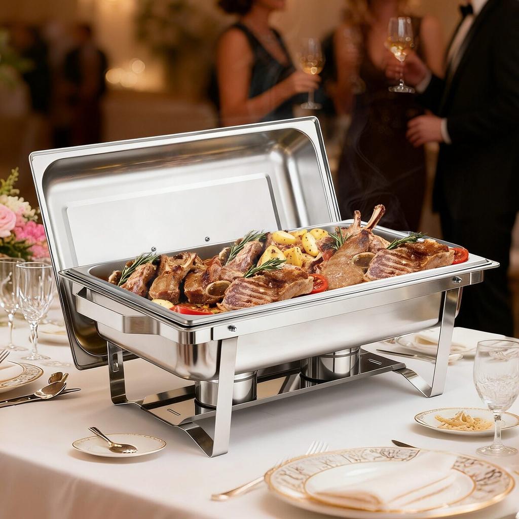 Rectangle Chafing Dish, 9.91L 4 Pack Stainless Steel Chafing Dish, Food Warmer Chafer Complete Set with Hollow Handle, 2 Food Tongs, Lid, Fuel Holder,
