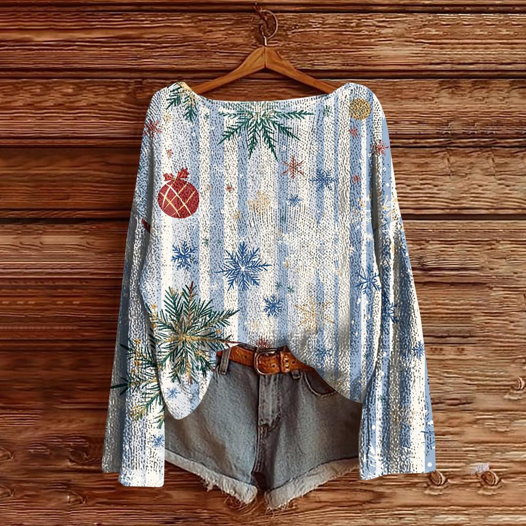 Dame Juleprint Lett Genser Casual Langermet Strikket Pullover