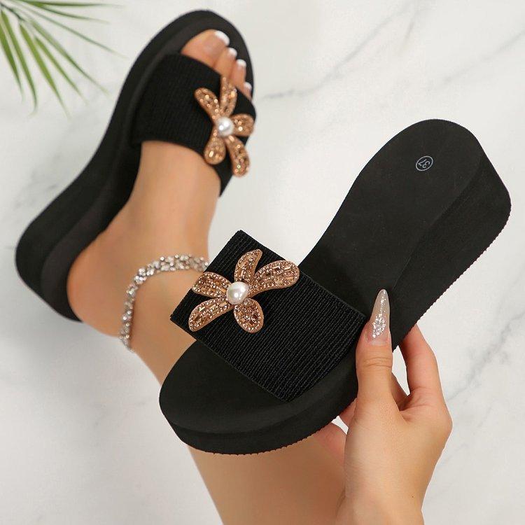 

Женские повседневные шлепанцы на толстой подошве, клиновидном каблуке, с открытым носком, модные, с цветочным декором из страз, для улицы, повседневной носки, шлепанцы 42 хаки