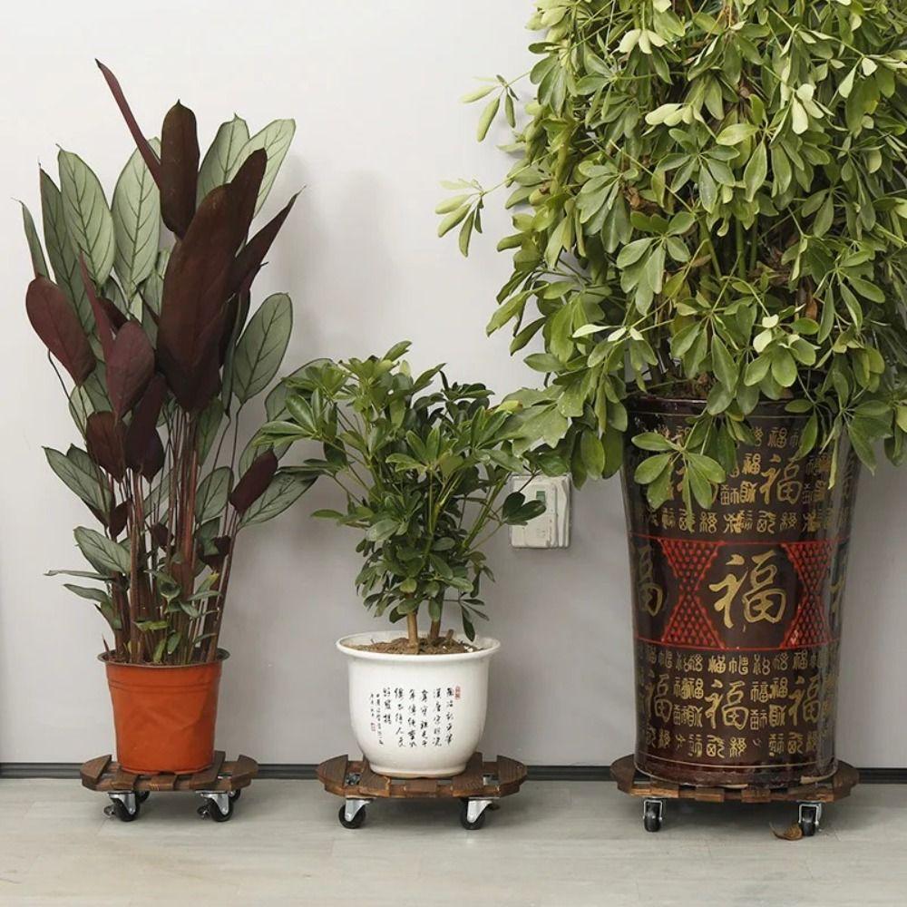 Wooden Base Plant Stand Holder Round/Square Rolling Wheeled Pot Trays Flower Pot Rack Tray  Garden