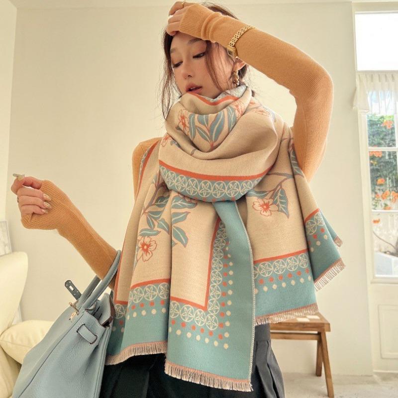 Gradual change flower imitation cashmere scarf women's high sense double-sided jacquard shawl retro scarf