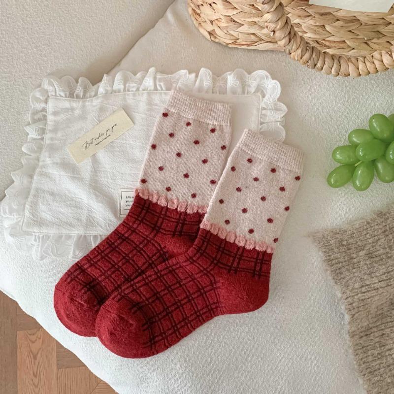 Female Autumn Winter Fashion New Year Christmas Bow Red Wool In Tube Socks